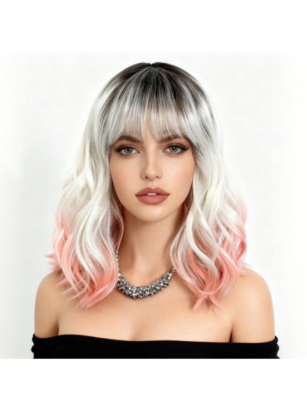 Women's Pink S2T 4 Ombre Bob Party Wig with Bangs Short Curly Synthetic